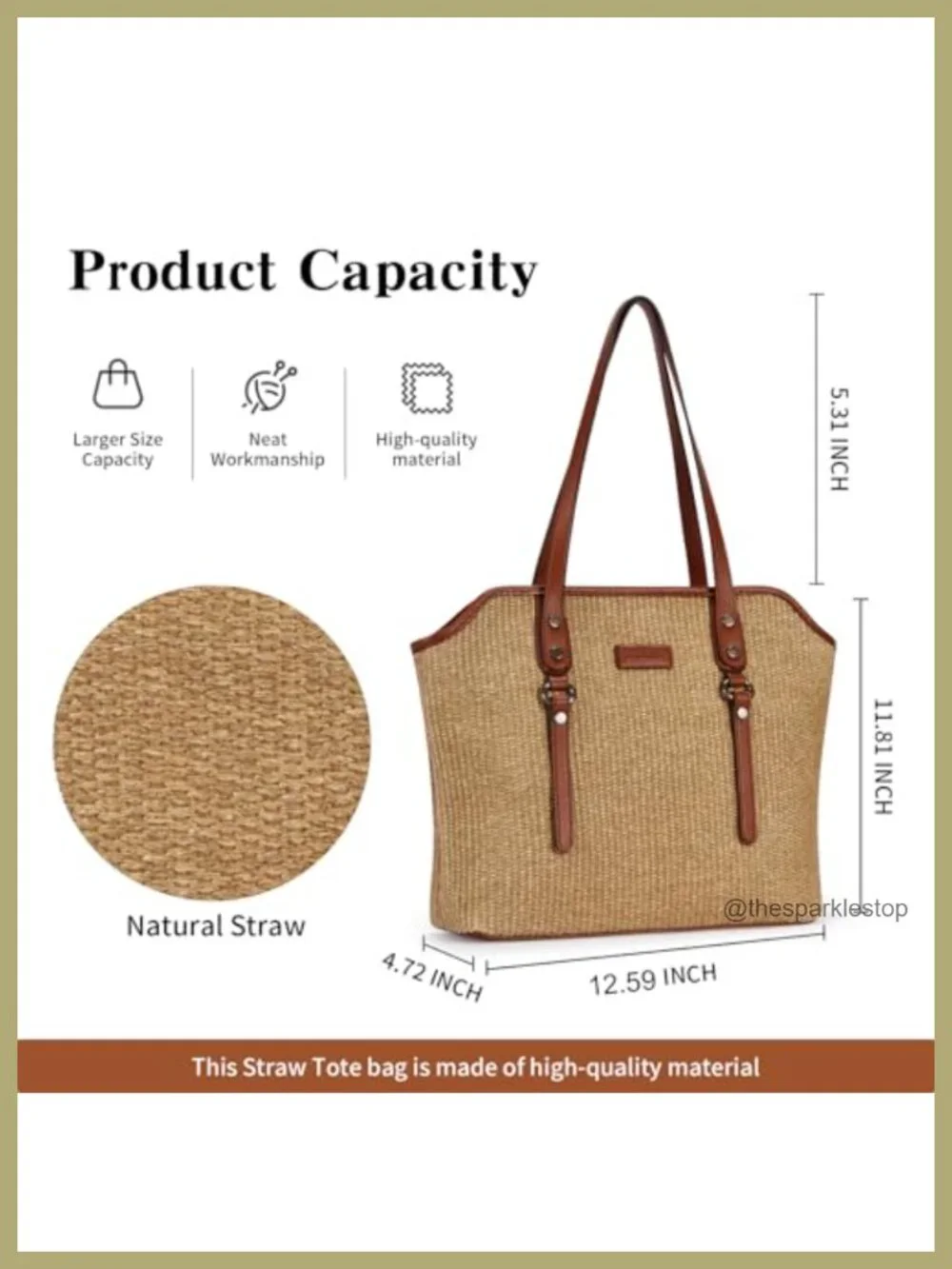 Large Capacity Straw & Vegan Leather Tote Bag for Women Shoulder Travel Work